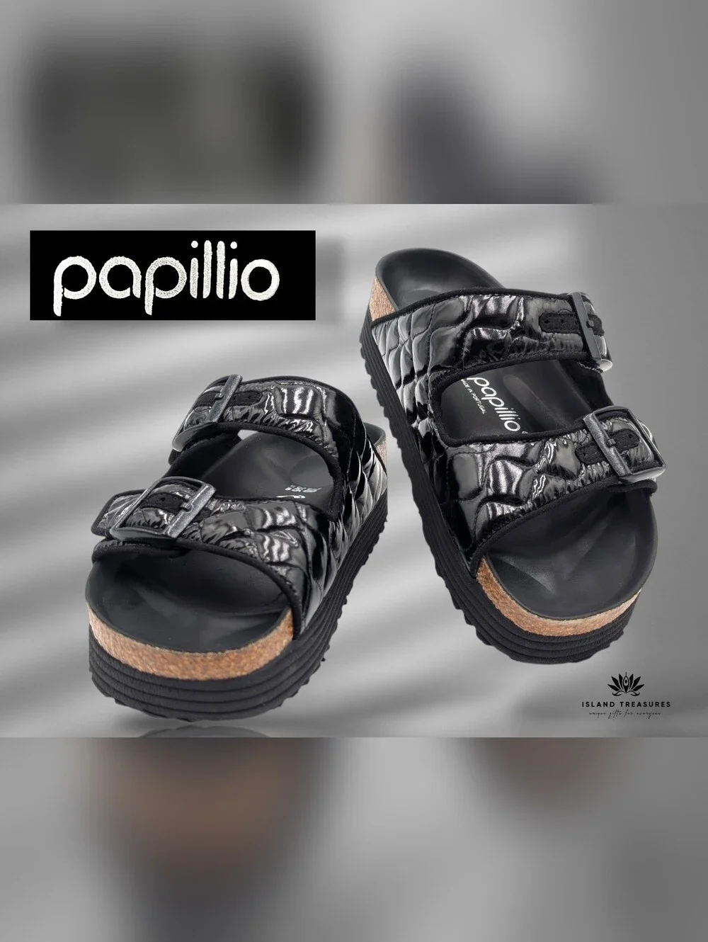Papillio by Birkenstock Sz 7-7.5 Arizona Platform Padded Blk Patent-Like Sandals